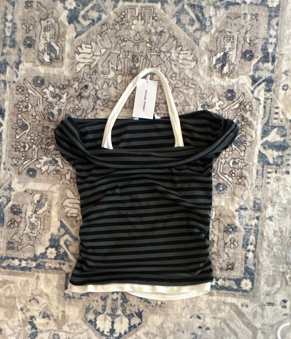 URBAN REVIVO Striped Halter Top Black Grey